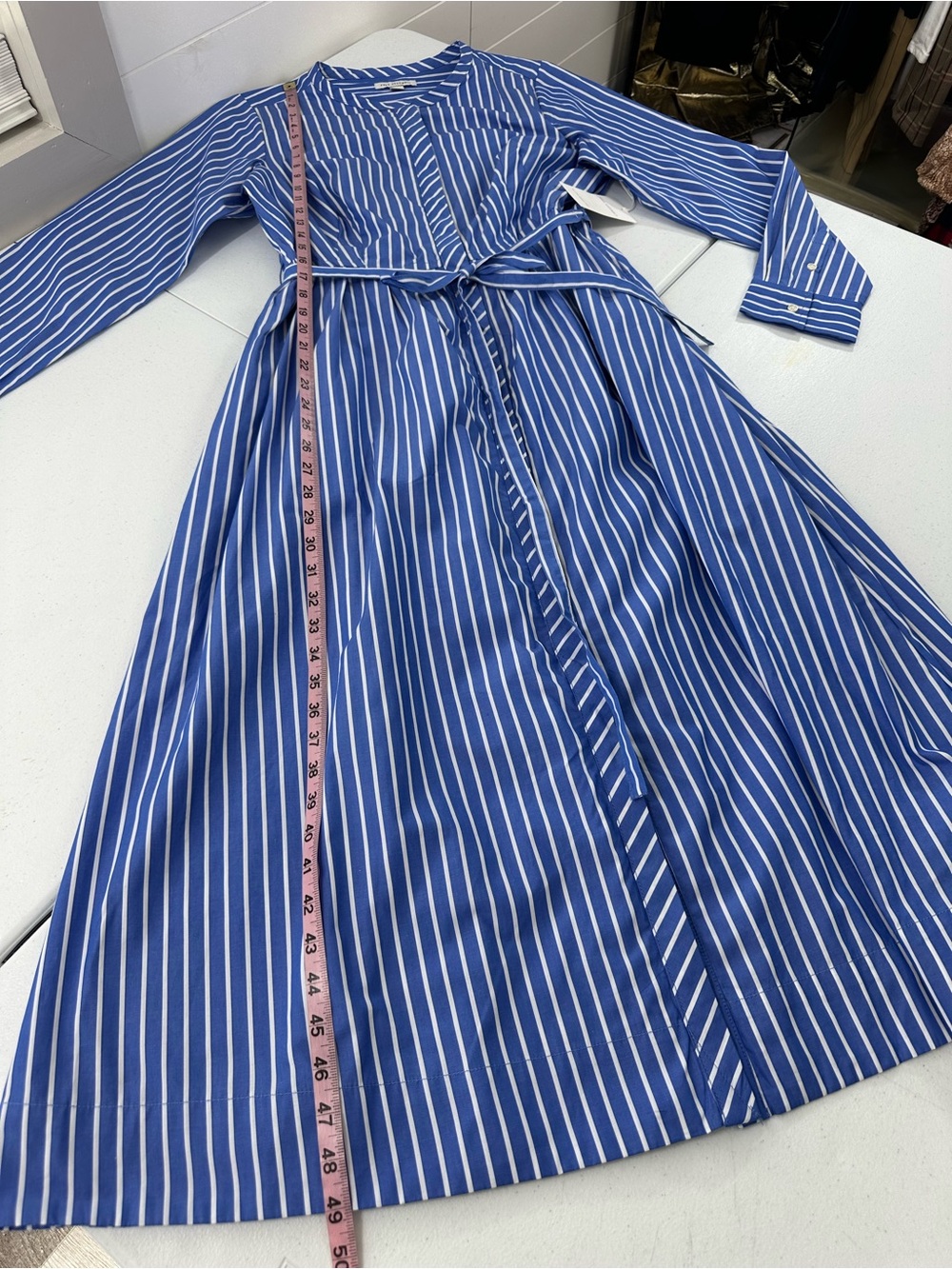 Free Assembly Striped Cotton Midi Shirt Dress Blue White Belted Modest Preppy L - Picture 9 of 14